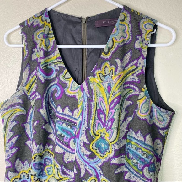 Etro Wool Paisley & Floral V-Neck Sleeveless Sheath Dress - Picture 2 of 7